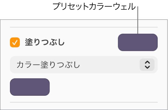 「塗りつぶし」チェックボックスがオンで、チェックボックスの右側のプリセットカラーウェルが紫で塗りつぶされている。チェックボックスの下のポップアップメニューで「カラー塗りつぶし」が選択されている。