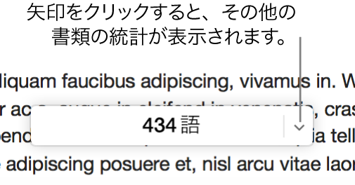 単語数を示す書類統計ポップアップメニュー。