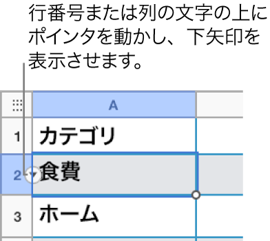 表の行番号が選択されており、その右に下矢印が表示されています。