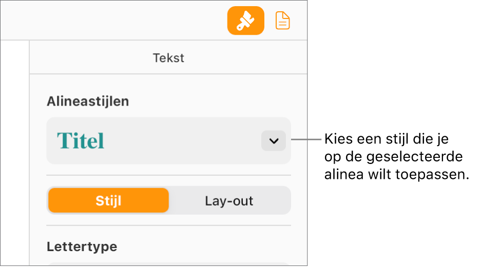 Het pop‑upmenu 'Alineastijlen' in de navigatiekolom 'Opmaak'. De Koptekst alineastijl, een rood, vetgedrukt lettertype is geselecteerd.