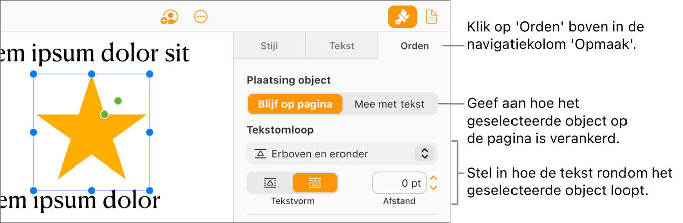 Een afbeelding is geselecteerd in het hoofddocument; in het tabblad 'Orden' van de navigatiekolom 'Opmaak' zie je dat het object is ingesteld op 'Blijf op pagina' met tekstomloop boven en onder het object.