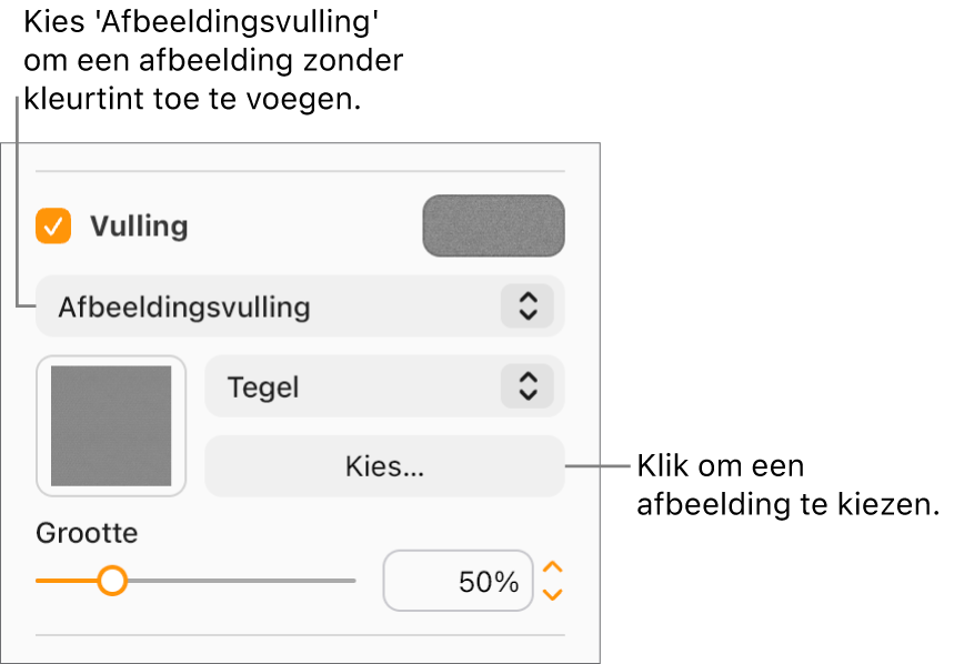 Het aankruisvak 'Vulling' is geselecteerd in de navigatiekolom en 'Afbeeldingsvulling' is gekozen in het pop‑upmenu onder het aankruisvak. Onder het pop‑upmenu staan regelaars voor het kiezen van een afbeelding, hoe deze het object vult en de schaal van de afbeelding. Er wordt een voorbeeld van de afbeeldingsvulling weergegeven in het vierkant (nadat je een afbeelding hebt geselecteerd).