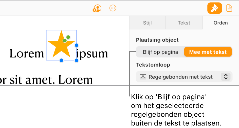 Een regelgebonden afbeelding in de hoofdtekst van een document is geselecteerd, en de knop 'Blijf op pagina' is zichtbaar in het tabblad 'Orden' in de navigatiekolom.
