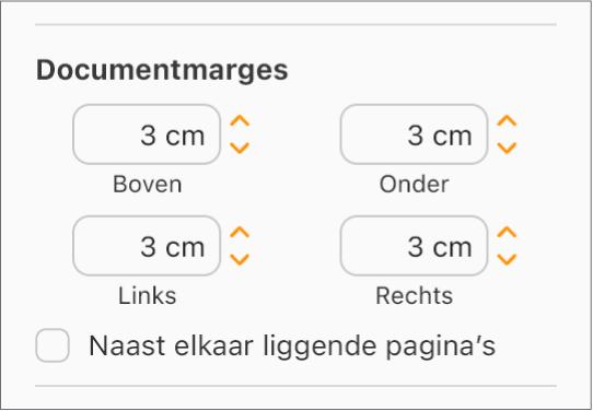 De sectie 'Documentmarges' van de navigatiekolom 'Document', met regelaars om de marges boven, onder, links en rechts in te stellen.