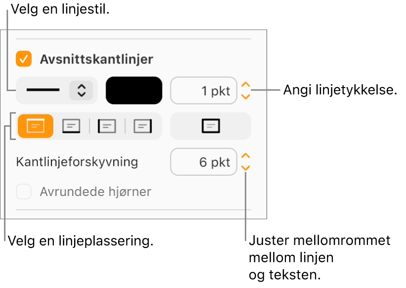 Det er krysset av i Avsnittskantlinjer-ruten i Layout-fanen i Format-sidepanelet. Kontroller for å endre stil, farge, bredde, plassering og forskyvning for linjen vises under avkrysningsruten.