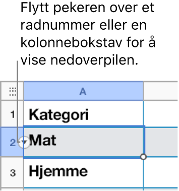 Det velges et radnummer i en tabell, og nedoverpilen vises til høyre.