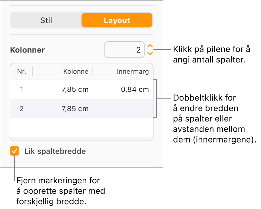 Kontrollene for tekstkolonner i Layout-delen i Format-sidepanelet.