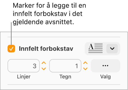 Avkrysningsruten for Innfelt forbokstav er valgt, og en lokalmeny vises til høyre. Kontroller for å justere linjehøyde, antall bokstaver og andre alternativer vises under denne.