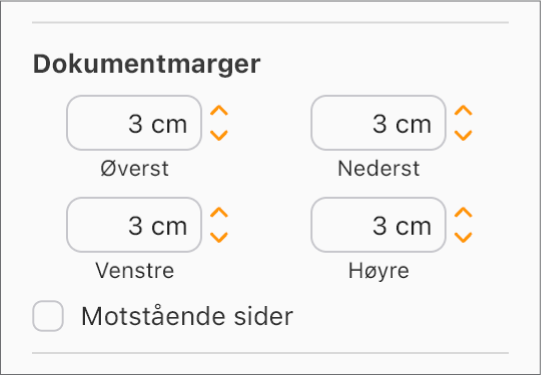 Dokumentmarger-delen av Dokument-sidepanelet, med kontroller for angivelse av marger øverst, nederst, til venstre og til høyre.
