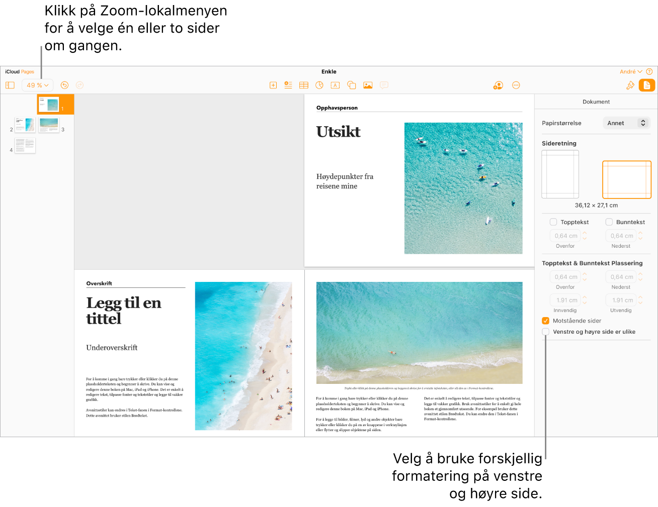Pages for iCloud-vinduet med miniatyrbilder av sidene og dokumentsider vist som dobbeltsider. I Dokument-sidepanelet til høyre er det ikke krysset av i «Venstre og høyre side er ulike»-ruten.