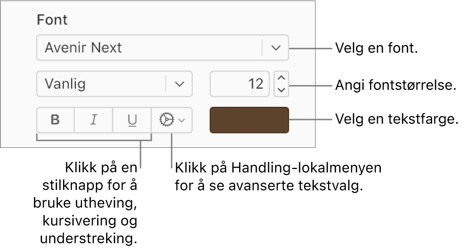 Kontrollene for font og tekststil i Format-sidepanelet.