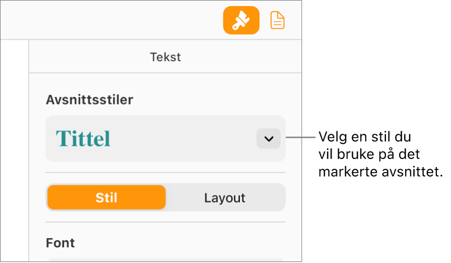 Avsnittsstil-lokalmenyen i Format-sidepanelet. Topptekst-avsnittsstilen i en rød, fet font er valgt.