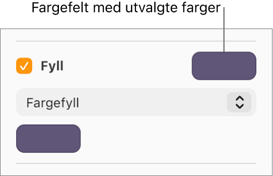 Fyll-ruten er valgt i sidefeltet, og fargefeltet for forhåndsvalgte farger til høyre for avkrysningsruten er fylt med lilla. Fargefyll er markert i en lokalmeny under avkrysningsruten.