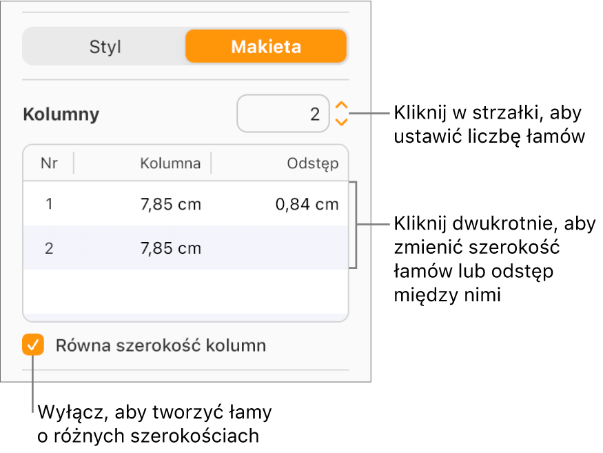 Narzędzia kolumny tekstowej w części Makieta paska bocznego Format.