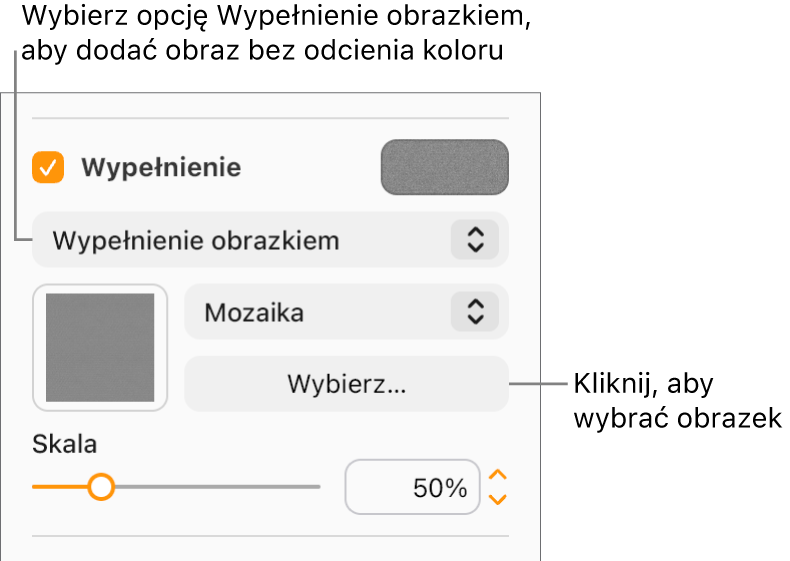 Na pasku bocznym zaznaczone jest pole wyboru Wypełnienie, a z menu podręcznego poniżej pola tekstowego wybrana jest opcja Wypełnienie obrazkiem. Pod menu podręcznym są wyświetlane opcje umożliwiające wybranie obrazka, sposobu wypełniania obiektu oraz skali obrazka. Podgląd obrazka pojawia się w kwadracie (po wybraniu obrazka).