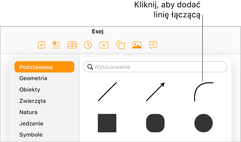Otwarta biblioteka kształtów z wybraną kategorią Podstawowe z lewej strony i różnymi liniami oraz kształtami (w tym linią krzywą) widocznymi z prawej strony.