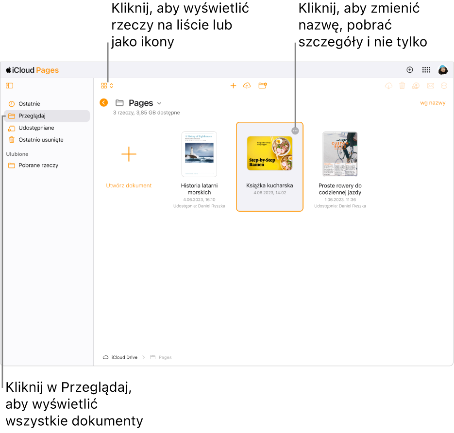 Menedżer dokumentów w widoku przeglądania. W prawym górnym rogu wybranego dokumentu widoczny jest przycisk Więcej (trzy kropki). Nad dokumentami, z lewej strony paska narzędzi, jest menu podręczne, z którego można wybrać wyświetlanie pozycji jako ikony lub listę. Na środku paska są przyciski do utworzenia lub przesłania dokumentu oraz do utworzenia nowego folderu. Z prawej strony paska narzędzi są przyciski umożliwiające pobieranie, współpracę, wysyłanie wiadomości e-mail lub usuwanie pozycji.