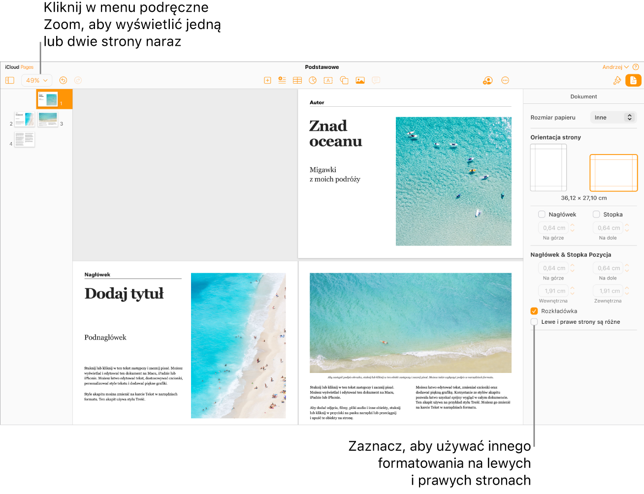 Okno aplikacji Pages dla iCloud z miniaturkami stron i stronami dokumentu wyświetlanymi jako dwustronicowe rozkładówki. Na widocznym po lewej stronie pasku bocznym Dokument znajduje się niezaznaczone pole wyboru Lewe i prawe strony są różne.