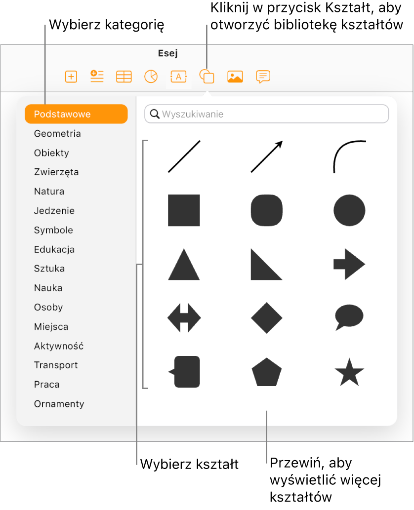 Poniżej przycisku Kształt na pasku narzędzi jest otwarta biblioteka kształtów. Z lewej strony jest wybrana kategoria Podstawowe. Z prawej strony są wyświetlane niektóre typowe kształty (takie jak okręgi, kwadraty i linie).