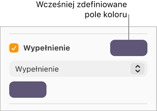 Pole wyboru Wypełnienie jest zaznaczone, a wstępnie ustawione pole koloru z prawej strony pola wyboru jest wypełnione kolorem purpurowym. W menu podręcznym pod polem wyboru wybrana jest opcja Wypełnienie kolorem.