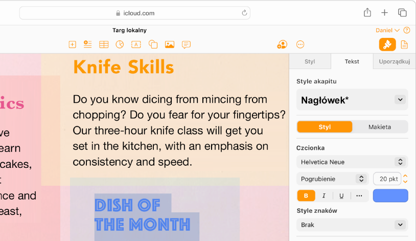 Dokument z&nbsp;zaznaczonym tekstem. Na pasku bocznym Format (po prawej stronie) wyświetlane są opcje umożliwiające zmianę czcionki, koloru, wielkości i&nbsp;innych parametrów zaznaczonego tekstu.