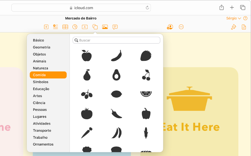 A biblioteca de Formas está aberta, com uma lista de categorias de formas para você escolher. A categoria Comida é selecionada e as imagens das formas de comida que serão escolhidas aparecem à direita da categoria.