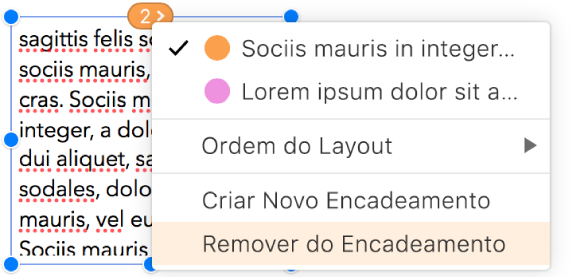 A segunda caixa de texto de um encadeamento está selecionada, e um menu pop-up ao lado do círculo na parte superior da caixa de texto está aberto. No menu pop-up, o item de menu Remover do encadeamento está selecionado.