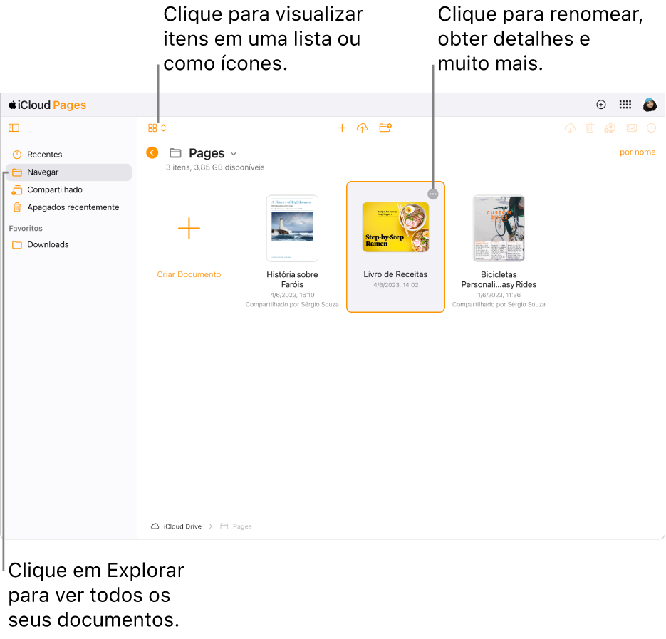 O gerenciador de documentos na visualização Navegar, mostrando documentos do Pages como ícones em uma grade. O botão Mais (três pontos) fica visível no canto superior direito do documento selecionado. Acima dos documentos, o lado esquerdo da barra de ferramentas tem um menu local onde você pode escolher visualizar os itens como ícones ou em uma lista. Do lado direito da barra de ferramentas estão botões para baixar uma cópia, colaborar, enviar por e-mail ou apagar.