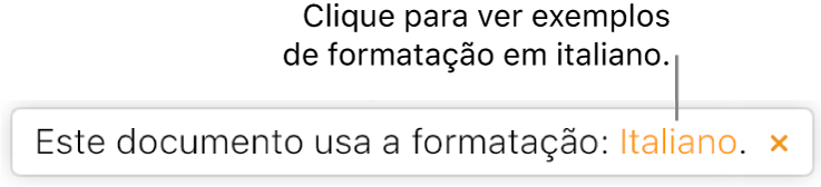 Uma mensagem informando "Este documento usa formatação italiana".