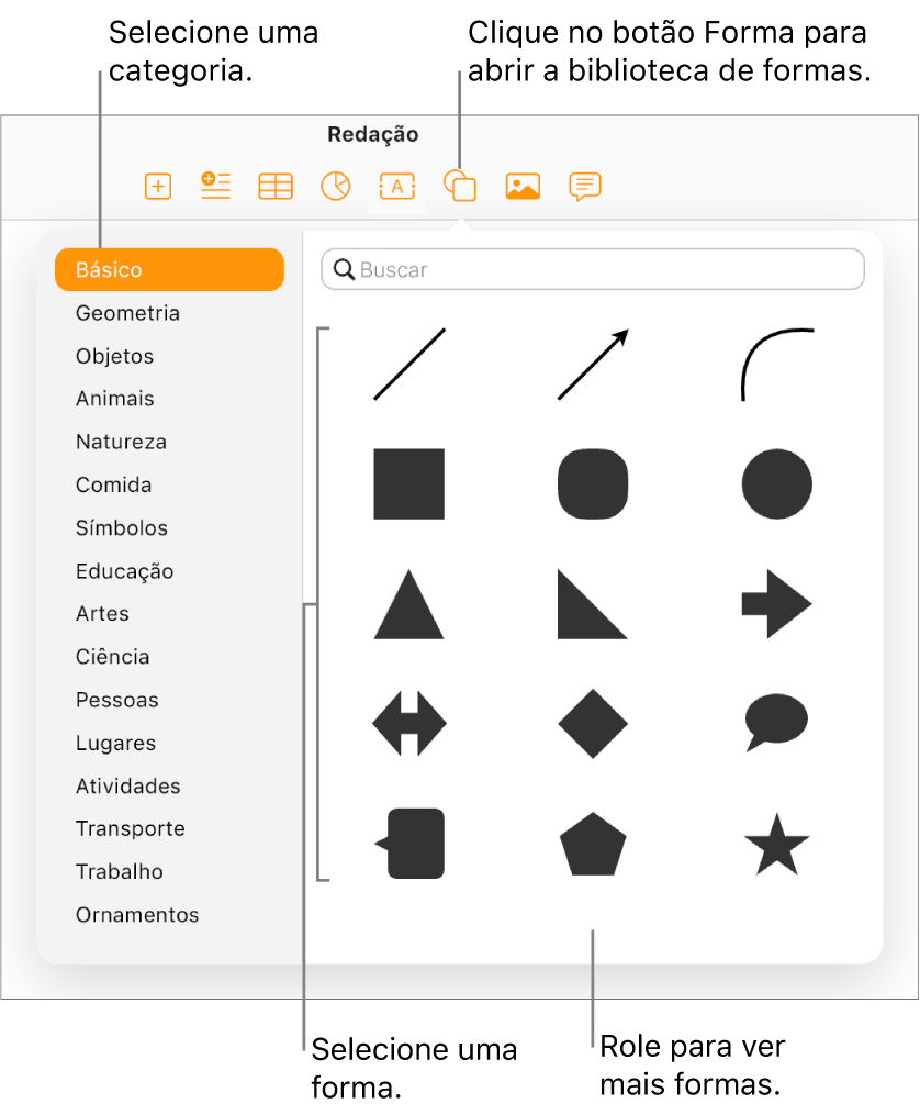 A biblioteca de formas está aberta abaixo do botão Forma na barra de ferramentas. A categoria Básica é selecionada à esquerda, e algumas formas comuns (incluindo círculos, quadrados e linhas) são exibidas à direita.
