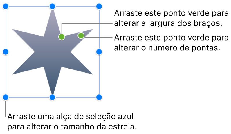 Uma forma de estrela selecionada, com dois pontos verdes que você pode arrastar para alterar a largura das extremidades e o número de pontas.
