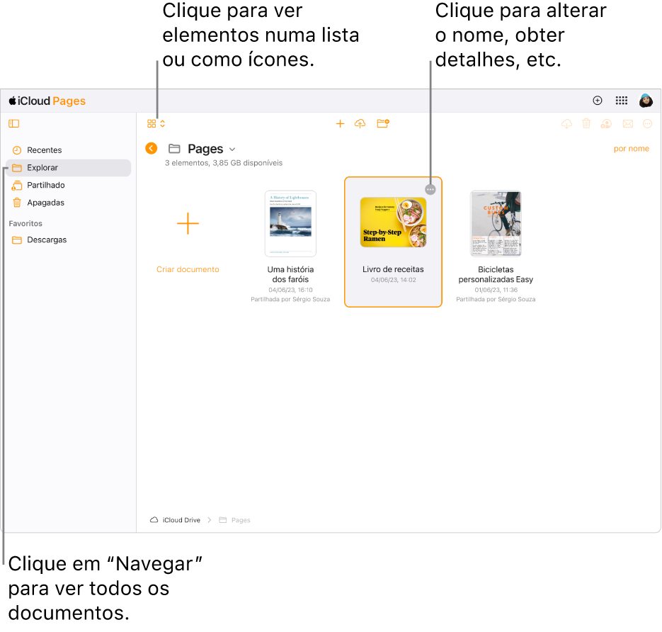 O gestor de documentos na vista de navegação, a mostrar documentos do Pages como ícones numa grelha. O botão "Mais” (três pontos) está visível no canto superior direito do documento selecionado. Por cima dos documentos, o lado esquerdo da barra de ferramentas tem um menu pop-up onde pode optar por ver os elementos como ícones ou numa lista. Do lado direito da barra de ferramentas estão os botões para descarregar, colaborar, enviar por e-mail ou apagar.