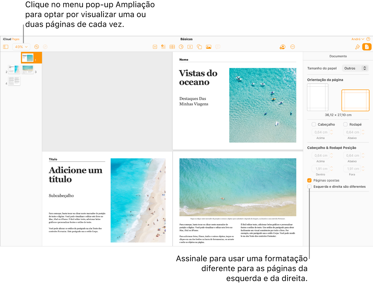 A janela Pages para iCloud com as páginas do documento e miniaturas das páginas visualizadas como duas páginas. Na barra lateral "Documento”, à direita, a opção “Páginas esquerda e direita diferentes” não está assinalada.