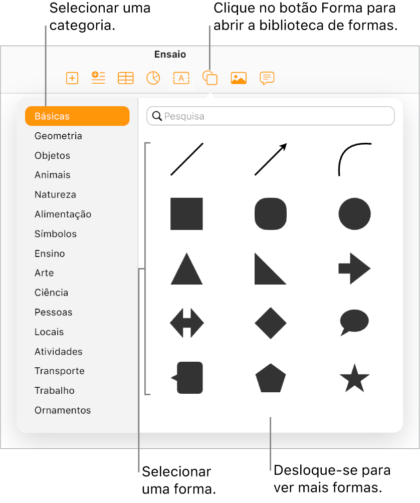 A biblioteca de formas está aberta na parte inferior do botão "Forma” na barra de ferramentas. A categoria Básico está selecionada à esquerda e algumas formas comuns (incluindo círculos, quadrados e linhas) são apresentados à direita.