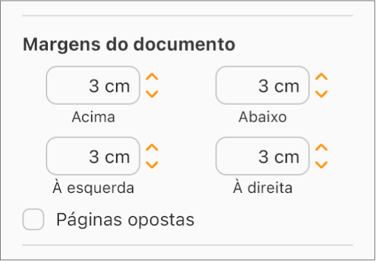 A secção “Margens do documento” da barra lateral “Documento” com controlos para definir as margens Superior, Inferior, Esquerda e Direita.
