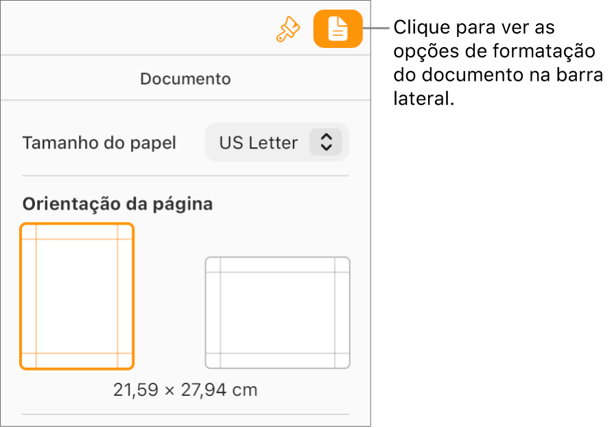 O botão “Documento” está selecionado na barra de ferramentas e os controlos para alterar o tamanho e a orientação da página são apresentados no separador "Documento” da barra lateral.
