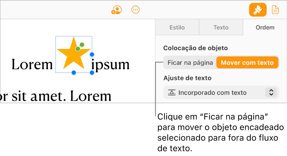 Uma imagem incorporada no corpo do documento está selecionada e o botão “Ficar na página” está visível no separador "Ordem” na barra lateral.