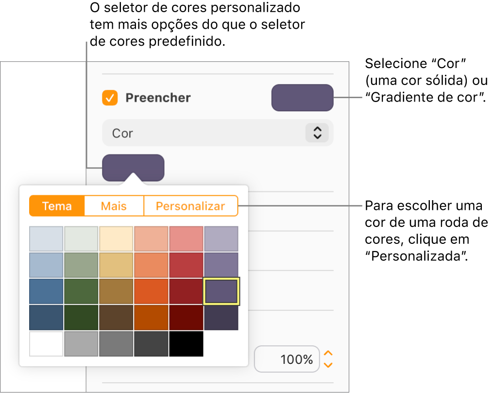 A opção “Preenchimento de cor” está selecionada no menu pop-up sob a opção assinalável “Preenchimento” e a paleta de cores sob o menu pop-up apresenta opções adicionais de preenchimento de cor.