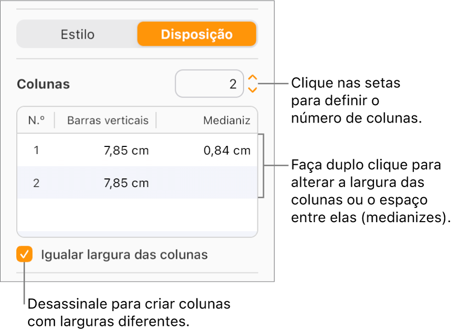 Os controlos da coluna de texto na secção “Disposição” da barra lateral “Formatação”.