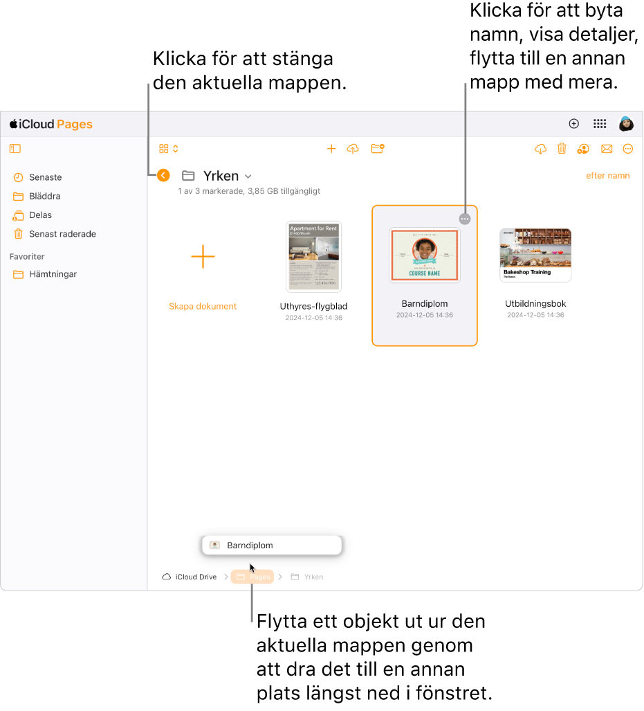 Dokumenthanteraren i bläddringsvyn, med ett dokument som dras till en ny plats (Pages-mappen) längst ned i fönstret. Under verktygsfältet finns en tillbakaknapp till vänster om den aktuella mappens namn (Arbete).
