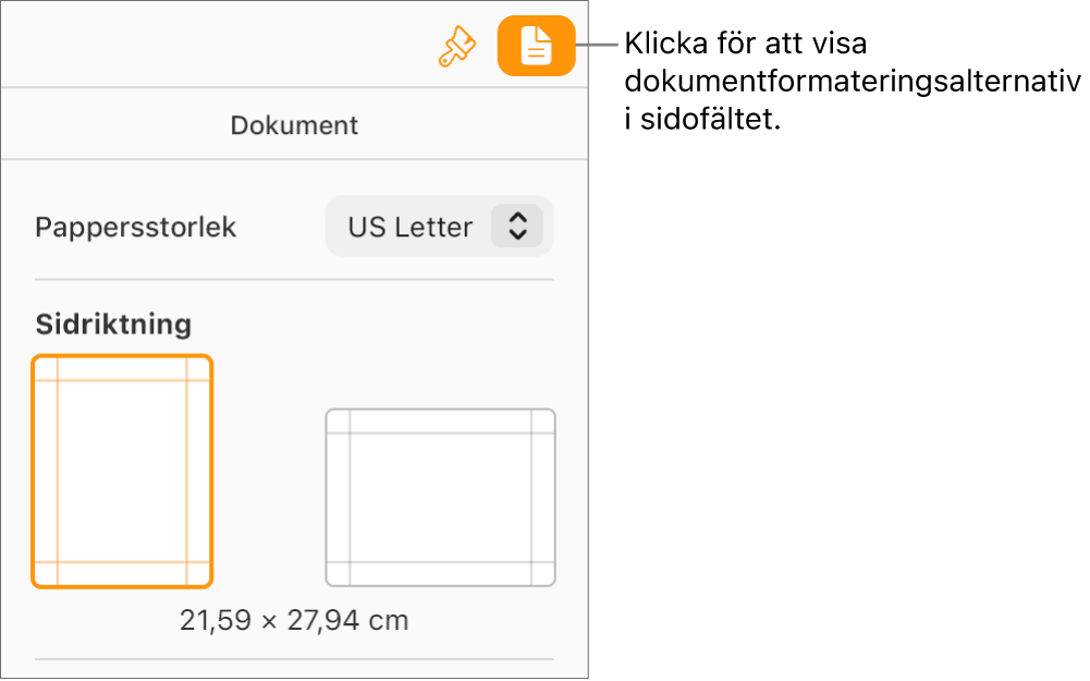 Knappen Dokument är vald i verktygsfältet och kontroller för att ändra pappersstorlek och orientering visas på fliken Dokument i sidofältet.