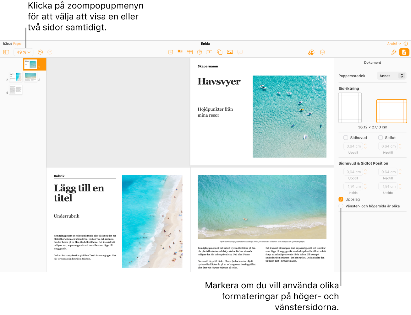 Fönstret Pages för iCloud med sidminiatyrbilder och dokumentsidor som ett uppslag. I sidofältet Dokument till höger är kryssrutan ”Vänster- och högersida är olika” inte markerad.