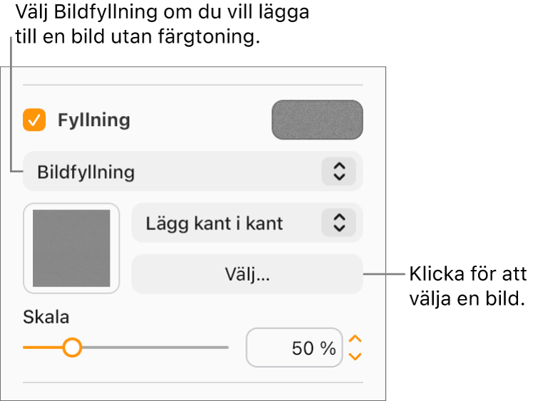 Kryssrutan Fyllning är markerad i sidofältet och Bildfyllning väljs i popupmenyn under kryssrutan. Reglage för att välja bilden, hur den fyller objektet och bildens skala visas under popupmenyn. En förhandsvisning av bildfyllningen visas i rutan (när en bild har valts).