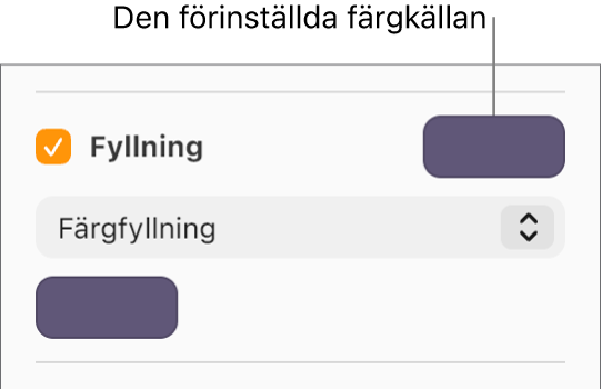 Kryssrutan Fyll är markerad och den förinställda färgkällan till höger om kryssrutan är fylld med lila. Nedanför kryssrutan är Färgfyllning valt i en popupmeny.