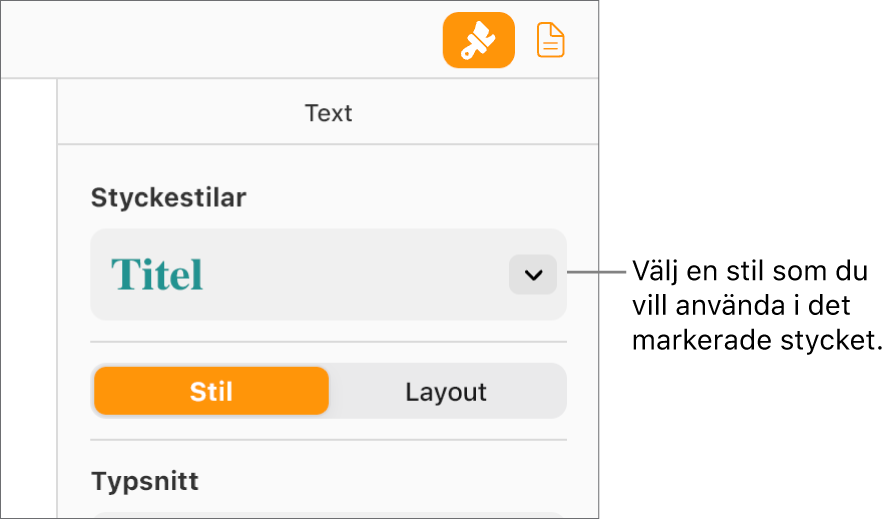 Popupmenyn Styckestilar i sidofältet Format. Rubrikstyckestilen som är i en röd, fet stil är markerad.