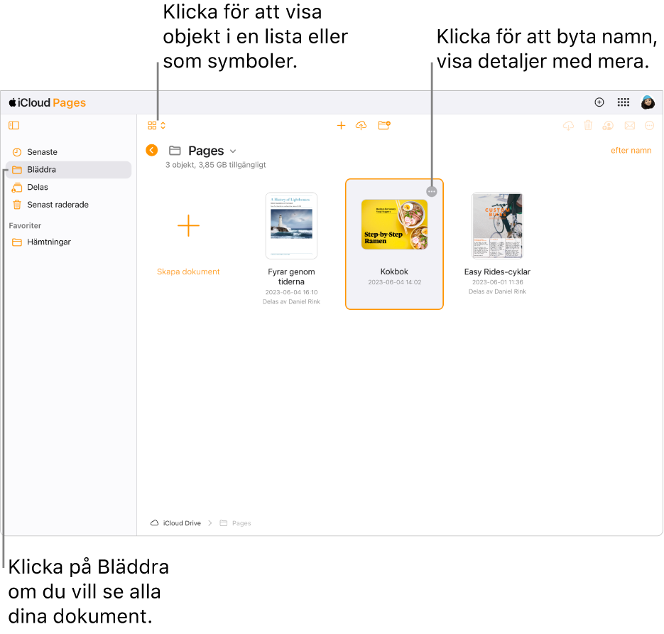 Dokumenthanteraren i bläddringsvyn, med Pages-dokument som symboler i ett rutnät. Merknappen (tre punkter) visas i det övre högra hörnet av det markerade dokumentet. På vänstra sidan av verktygsfältet ovanför dokumentet finns en popupmeny där du kan välja att visa objekt som symboler eller i en lista. Till höger på verktygsfältet finns knappar för att hämta, samarbeta, skicka mejl och radera.