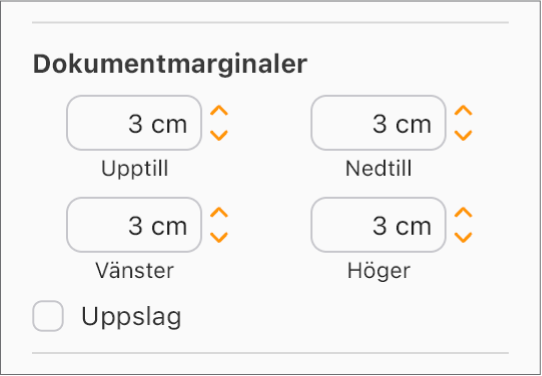 Dokumentmarginalavsnittet i dokumentsidofältet, med kontroller för att ställa in övre marginaler, nedre marginaler, vänster- och högermarginaler.