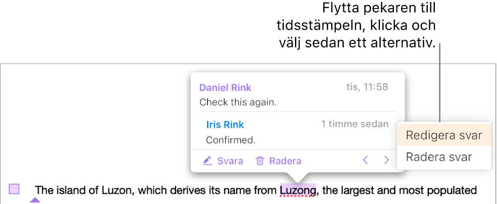 En kommentar med ett svar och markören ovanpå tidsstämpeln för svaret. En popupmeny visar två alternativ: Redigera svar och Radera svar.
