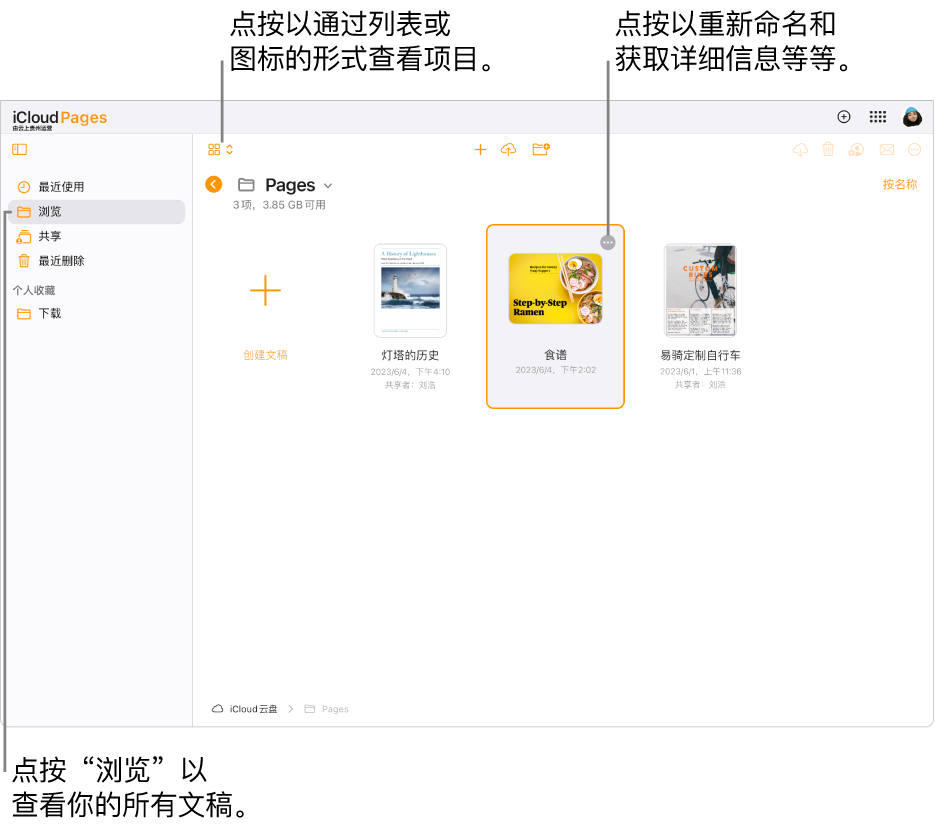 处于浏览视图的文稿管理器，在网格中以图标形式显示 Pages 文稿。在选中的文稿右上角可以看到“更多”按钮（三个圆点）。在文稿上方，工具栏左侧的弹出式菜单可用于选取以将项目显示为图标或列表。工具栏右侧的按钮可用于下载、协作、发送电子邮件或删除。