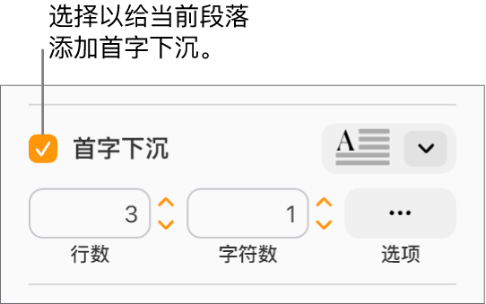 “首字下沉”复选框处于选中状态，其右侧显示了一个弹出式菜单；其下方显示了用于设置行高、字符数和其他选项的控制。